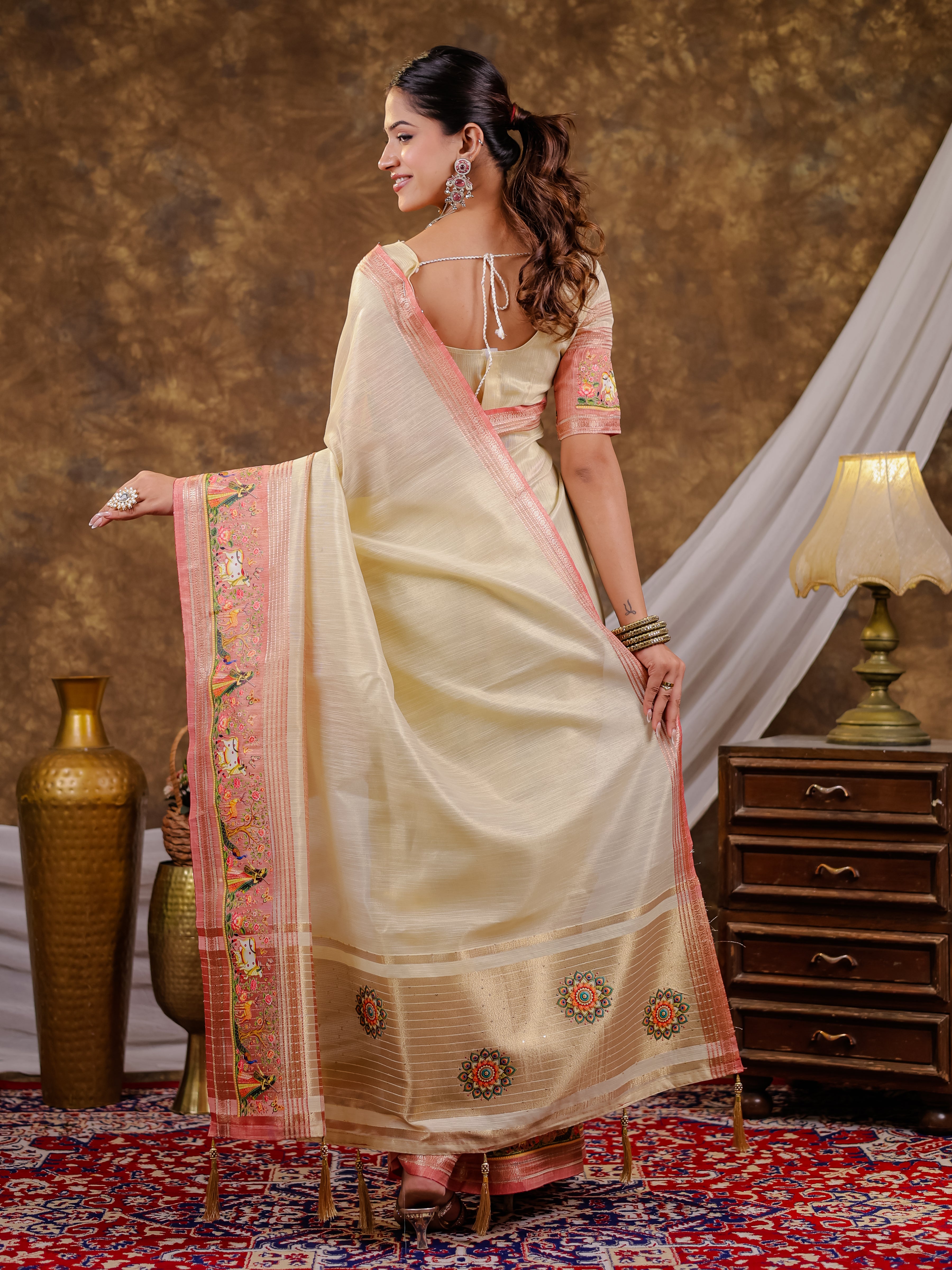 Ivory Khadi Cotton Saree with Zari Woven Border, Pink Heritage Printed Pallu, Designer Tassels & Matching Blouse Piece