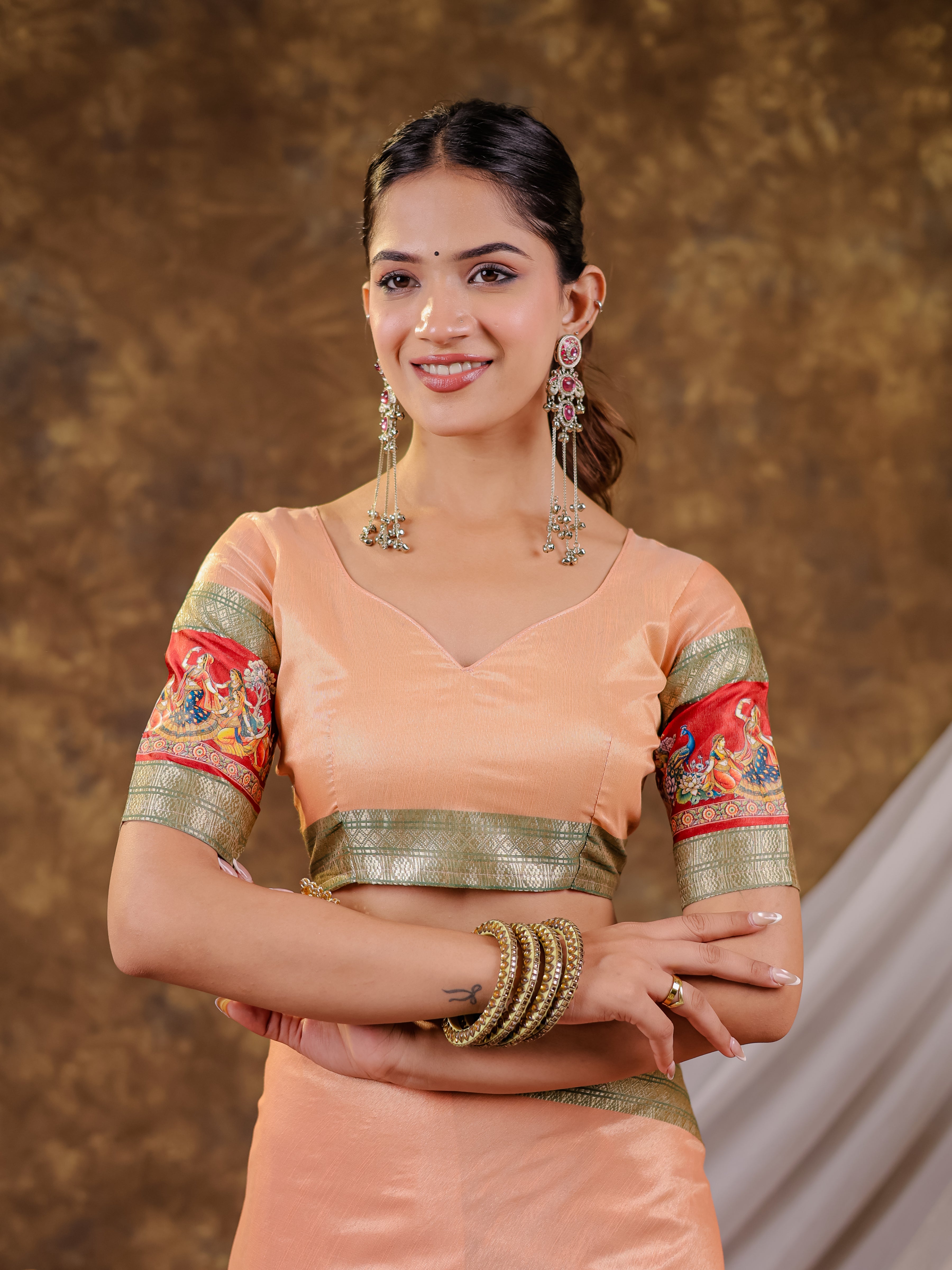 Peach Khadi Cotton Saree with Olive Green Zari Woven Border, Heritage Printed Red Pallu, Peacock Motifs & Designer Tassels