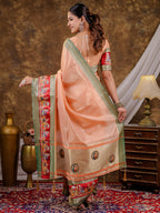Peach Khadi Cotton Saree with Olive Green Zari Woven Border, Heritage Printed Red Pallu, Peacock Motifs & Designer Tassels