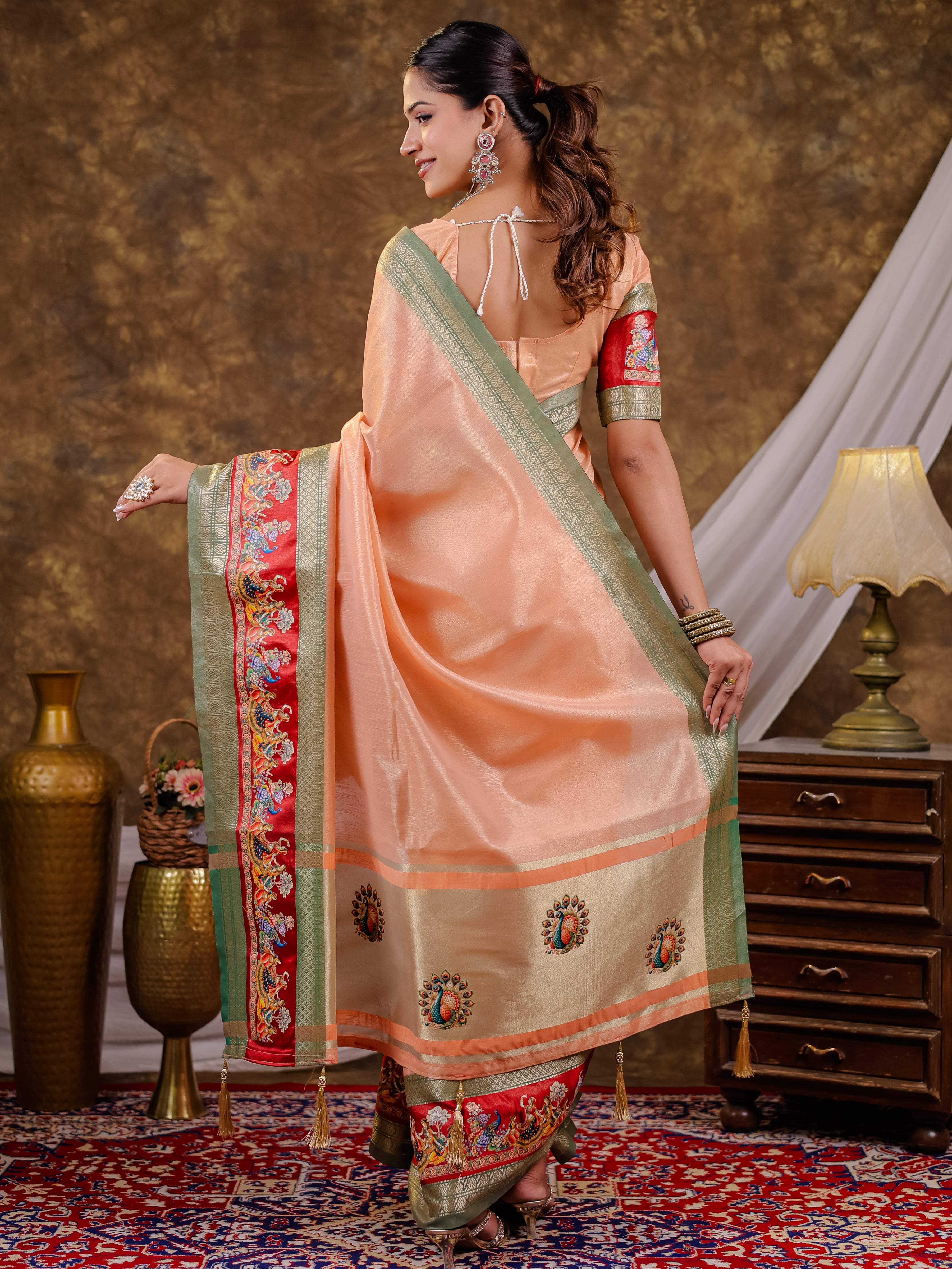 Peach Khadi Cotton Saree with Olive Green Zari Woven Border, Heritage Printed Red Pallu, Peacock Motifs & Designer Tassels