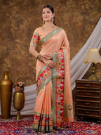Peach Khadi Cotton Saree with Olive Green Zari Woven Border, Heritage Printed Red Pallu, Peacock Motifs & Designer Tassels