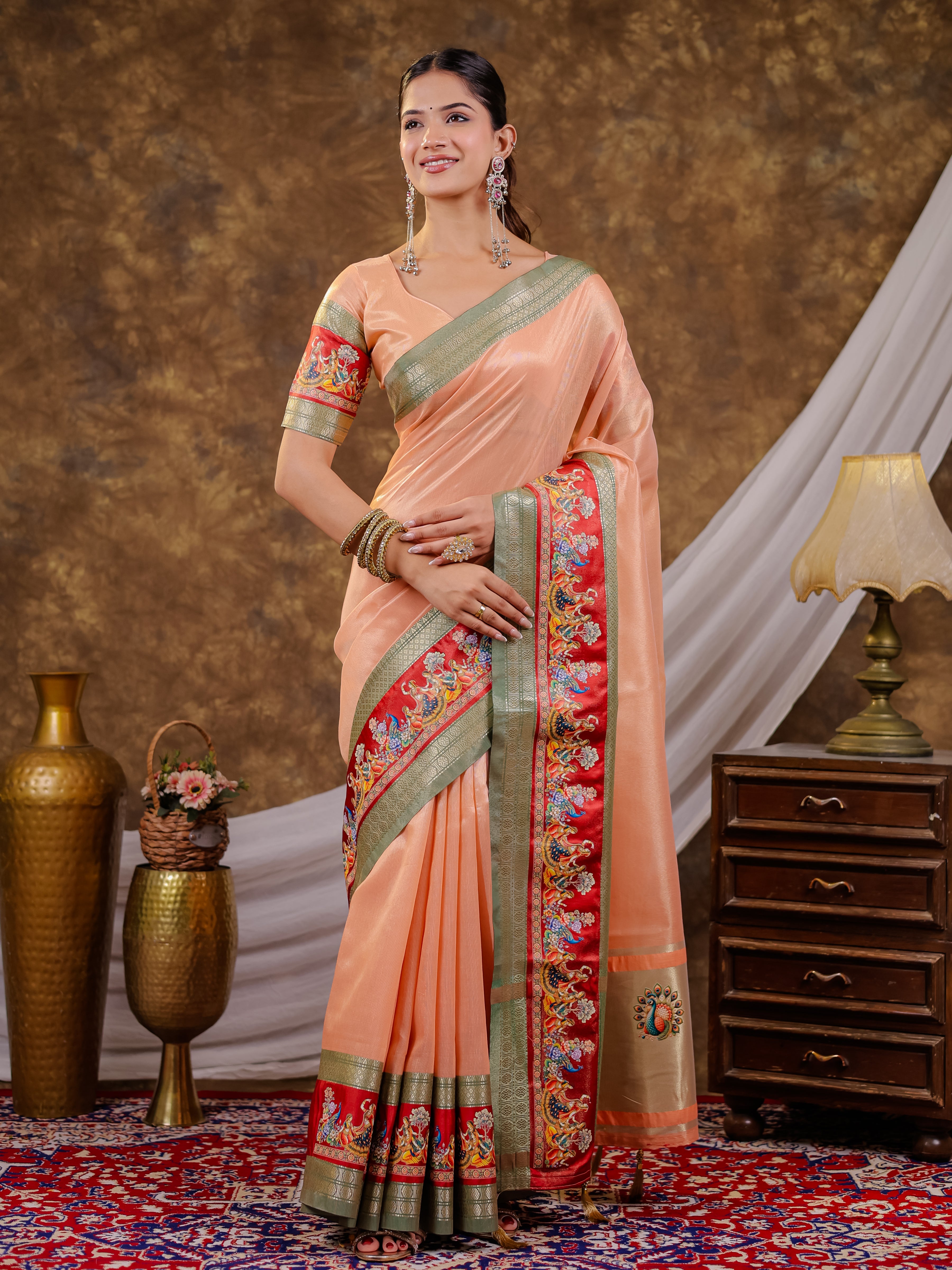 Peach Khadi Cotton Saree with Olive Green Zari Woven Border, Heritage Printed Red Pallu, Peacock Motifs & Designer Tassels
