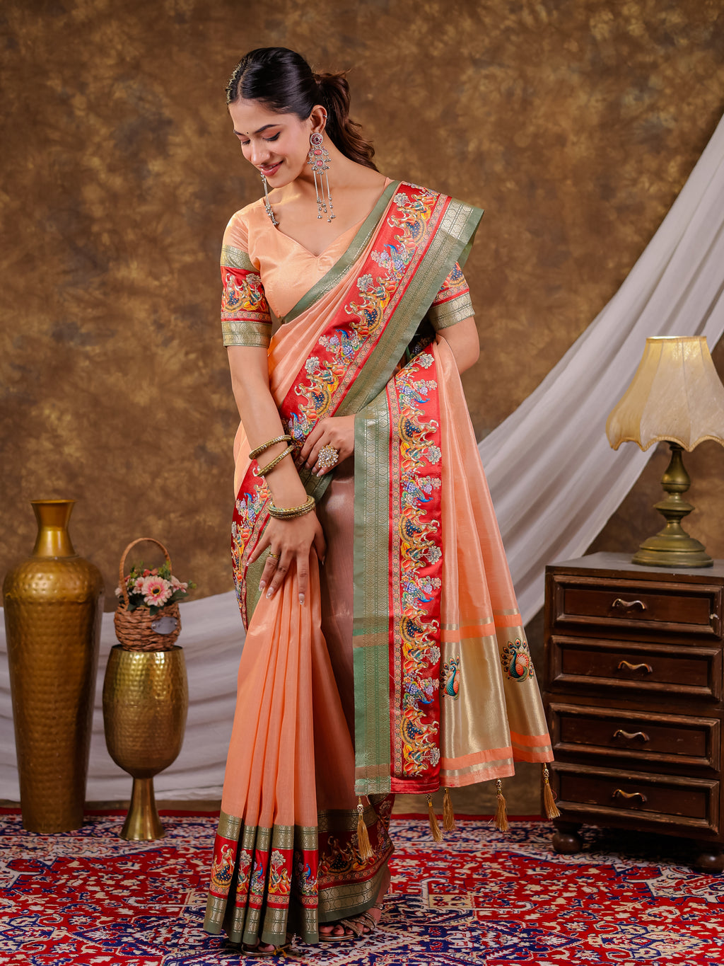 Peach Khadi Cotton Saree with Olive Green Zari Woven Border, Heritage Printed Red Pallu, Peacock Motifs & Designer Tassels