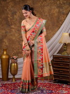 Peach Khadi Cotton Saree with Olive Green Zari Woven Border, Heritage Printed Red Pallu, Peacock Motifs & Designer Tassels