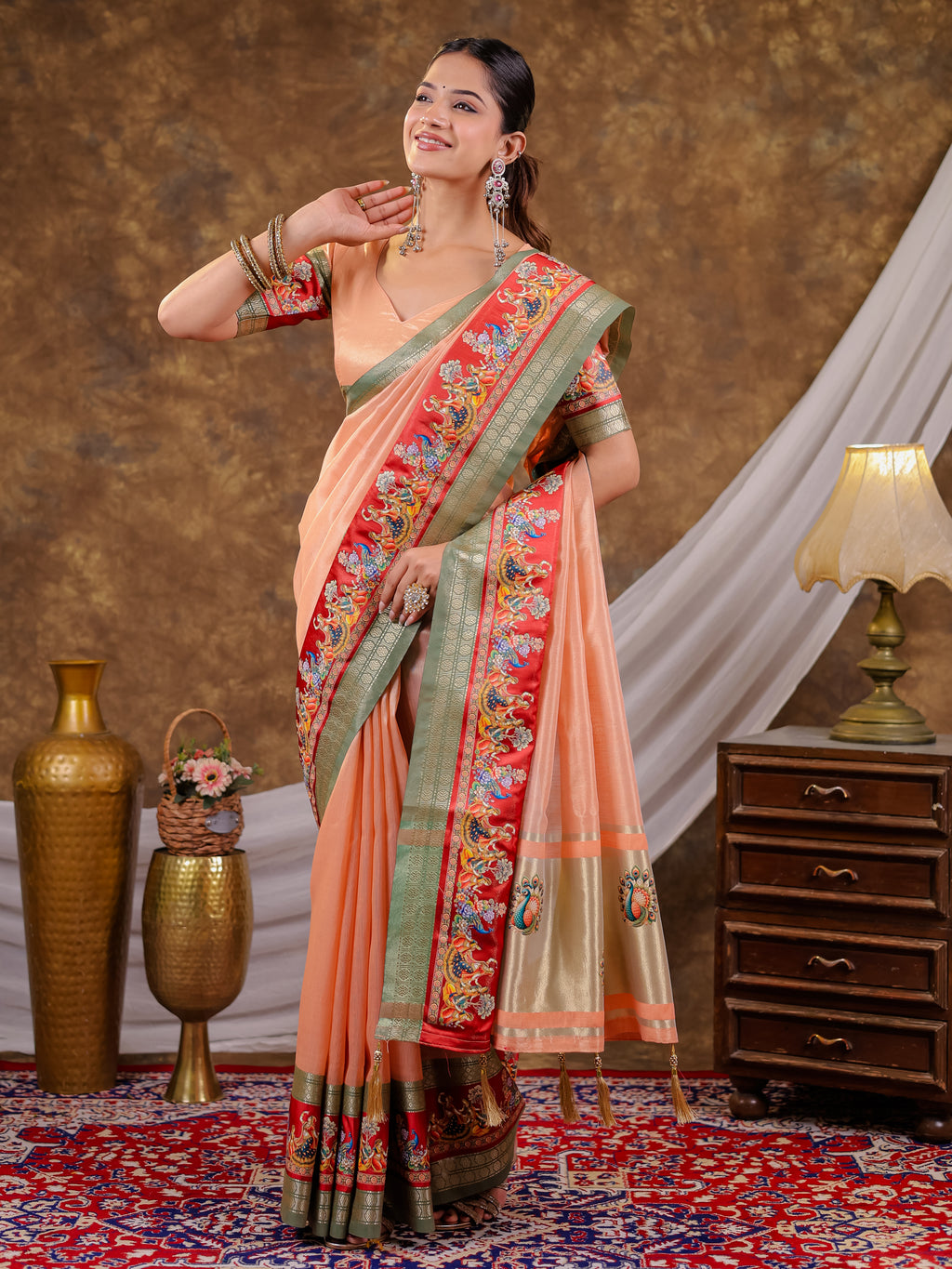 Peach Khadi Cotton Saree with Olive Green Zari Woven Border, Heritage Printed Red Pallu, Peacock Motifs & Designer Tassels