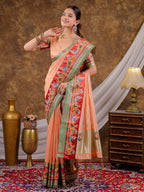 Peach Khadi Cotton Saree with Olive Green Zari Woven Border, Heritage Printed Red Pallu, Peacock Motifs & Designer Tassels
