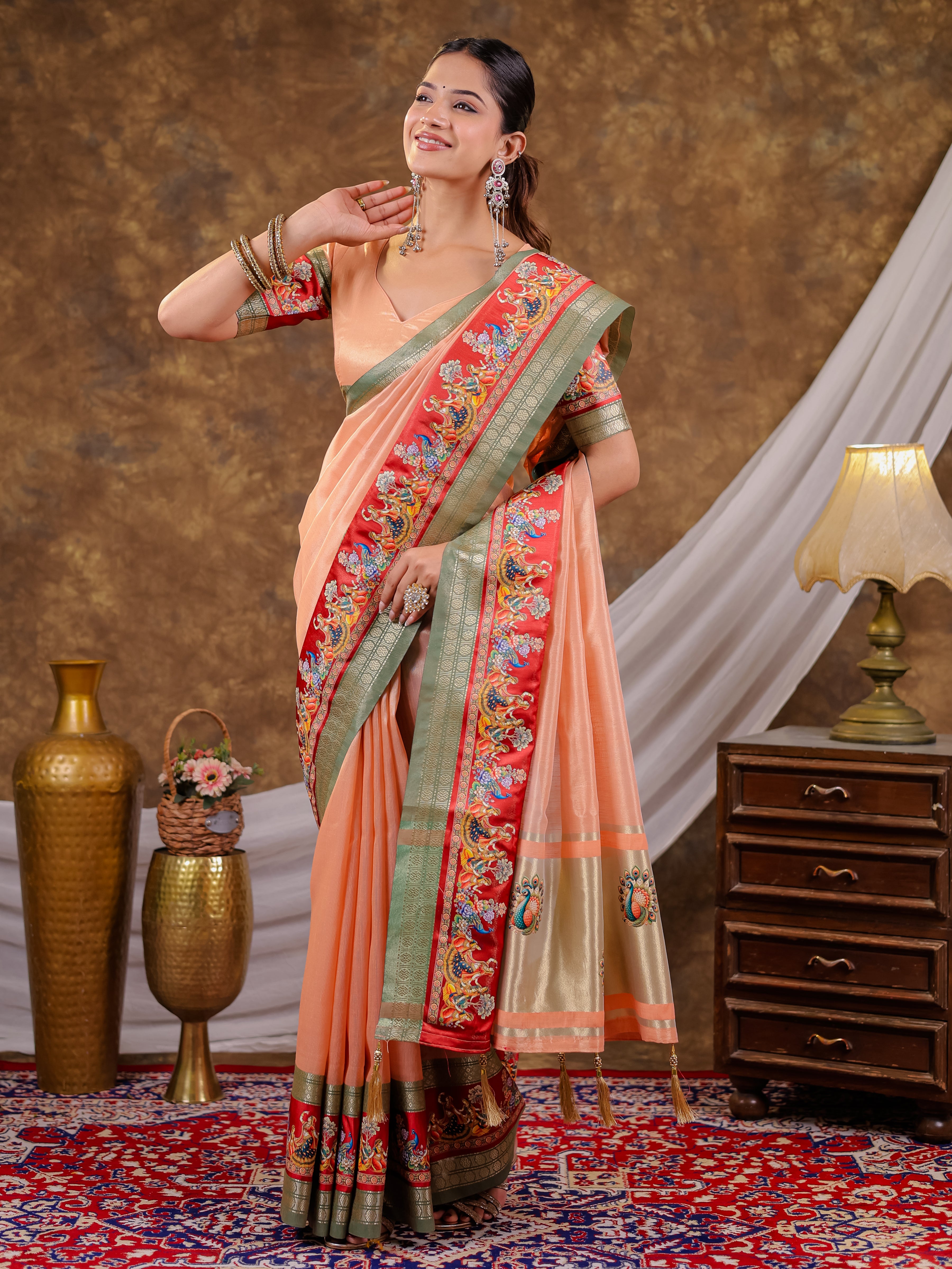 Peach Khadi Cotton Saree with Olive Green Zari Woven Border, Heritage Printed Red Pallu, Peacock Motifs & Designer Tassels