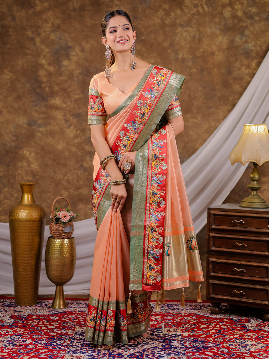 Peach Khadi Cotton Saree with Olive Green Zari Woven Border, Heritage Printed Red Pallu, Peacock Motifs & Designer Tassels