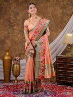 Peach Khadi Cotton Saree with Olive Green Zari Woven Border, Heritage Printed Red Pallu, Peacock Motifs & Designer Tassels