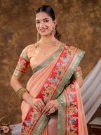 Peach Khadi Cotton Saree with Olive Green Zari Woven Border, Heritage Printed Red Pallu, Peacock Motifs & Designer Tassels