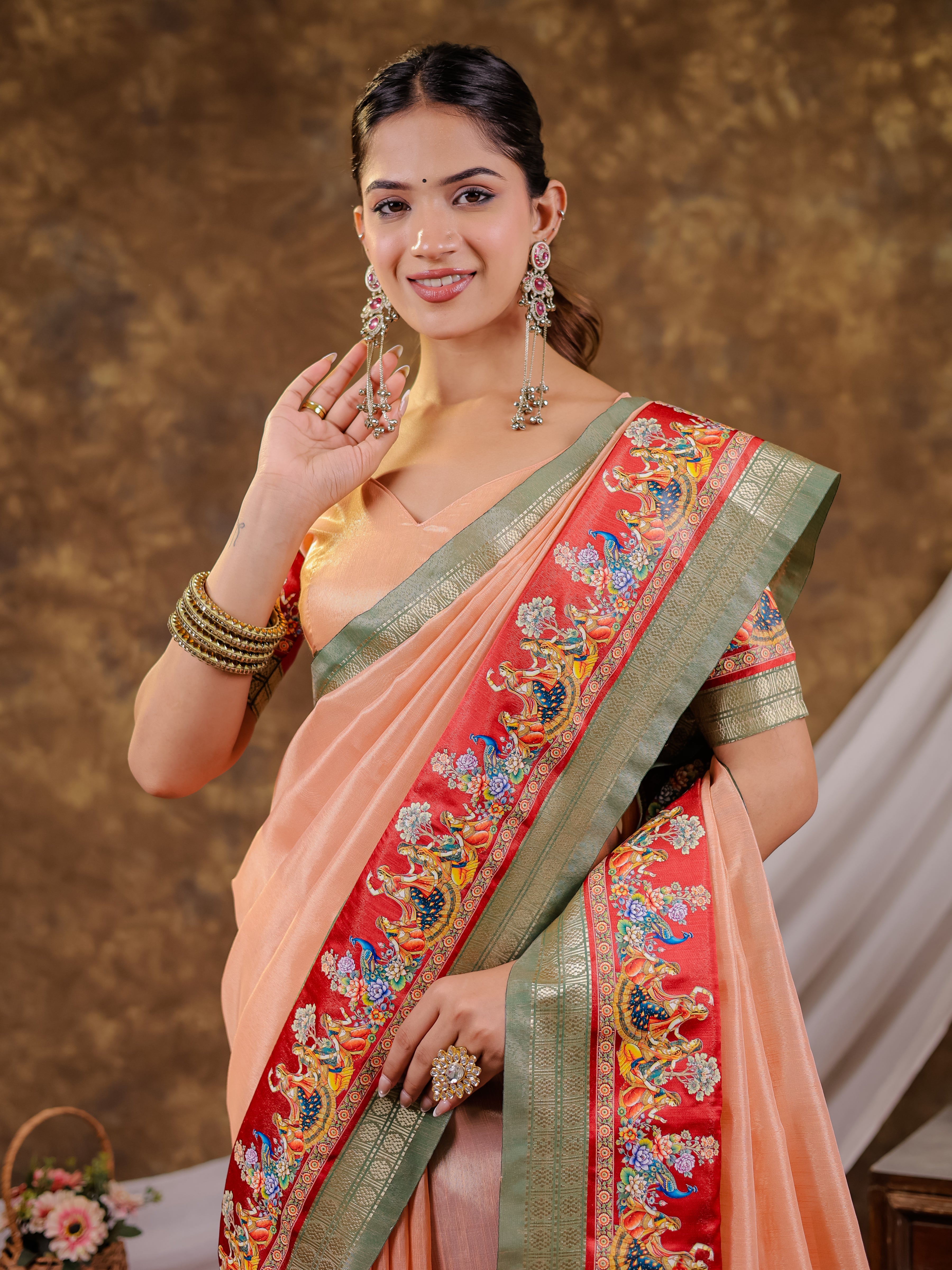 Peach Khadi Cotton Saree with Olive Green Zari Woven Border, Heritage Printed Red Pallu, Peacock Motifs & Designer Tassels