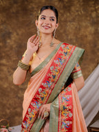 Peach Khadi Cotton Saree with Olive Green Zari Woven Border, Heritage Printed Red Pallu, Peacock Motifs & Designer Tassels