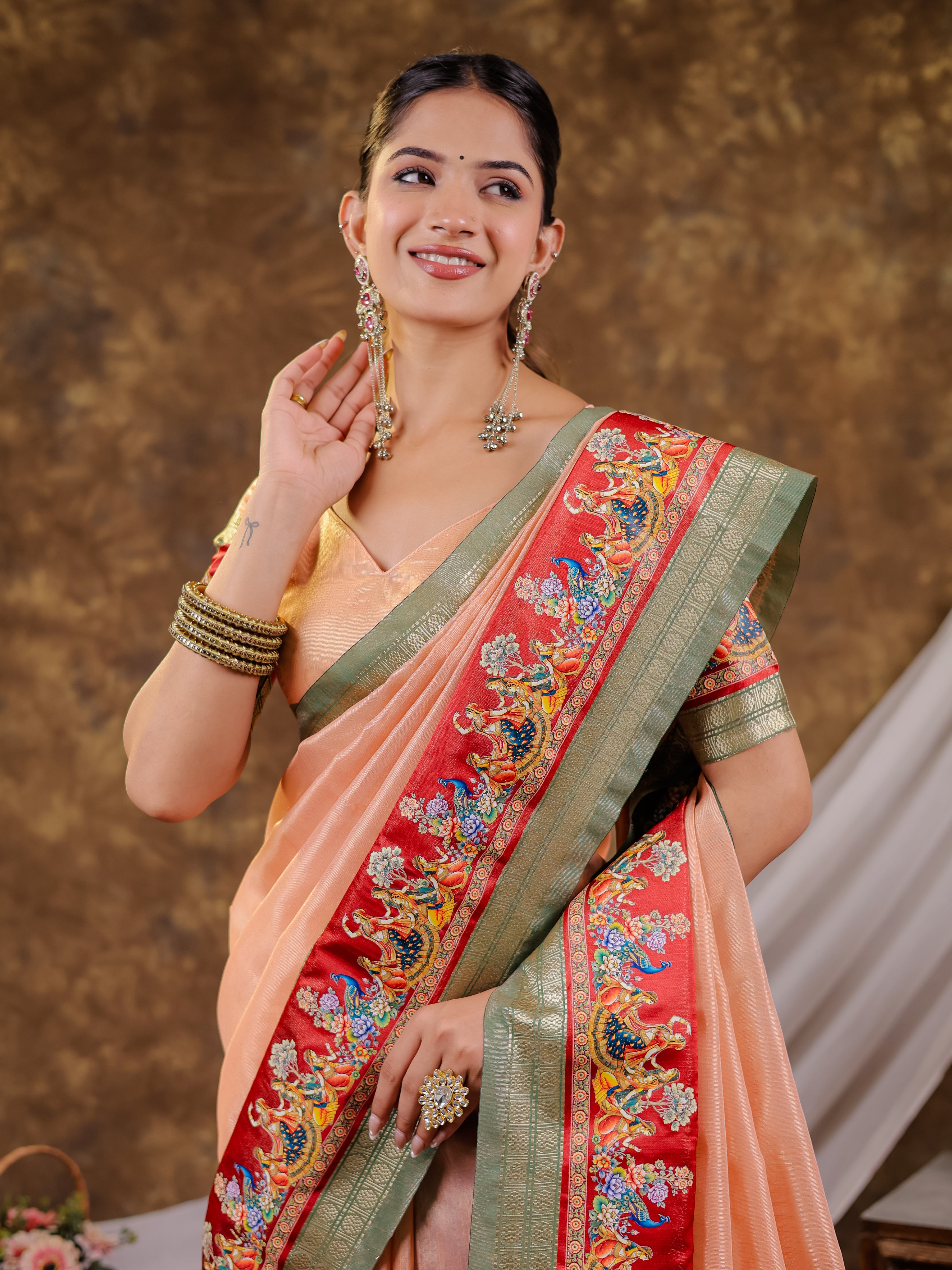Peach Khadi Cotton Saree with Olive Green Zari Woven Border, Heritage Printed Red Pallu, Peacock Motifs & Designer Tassels