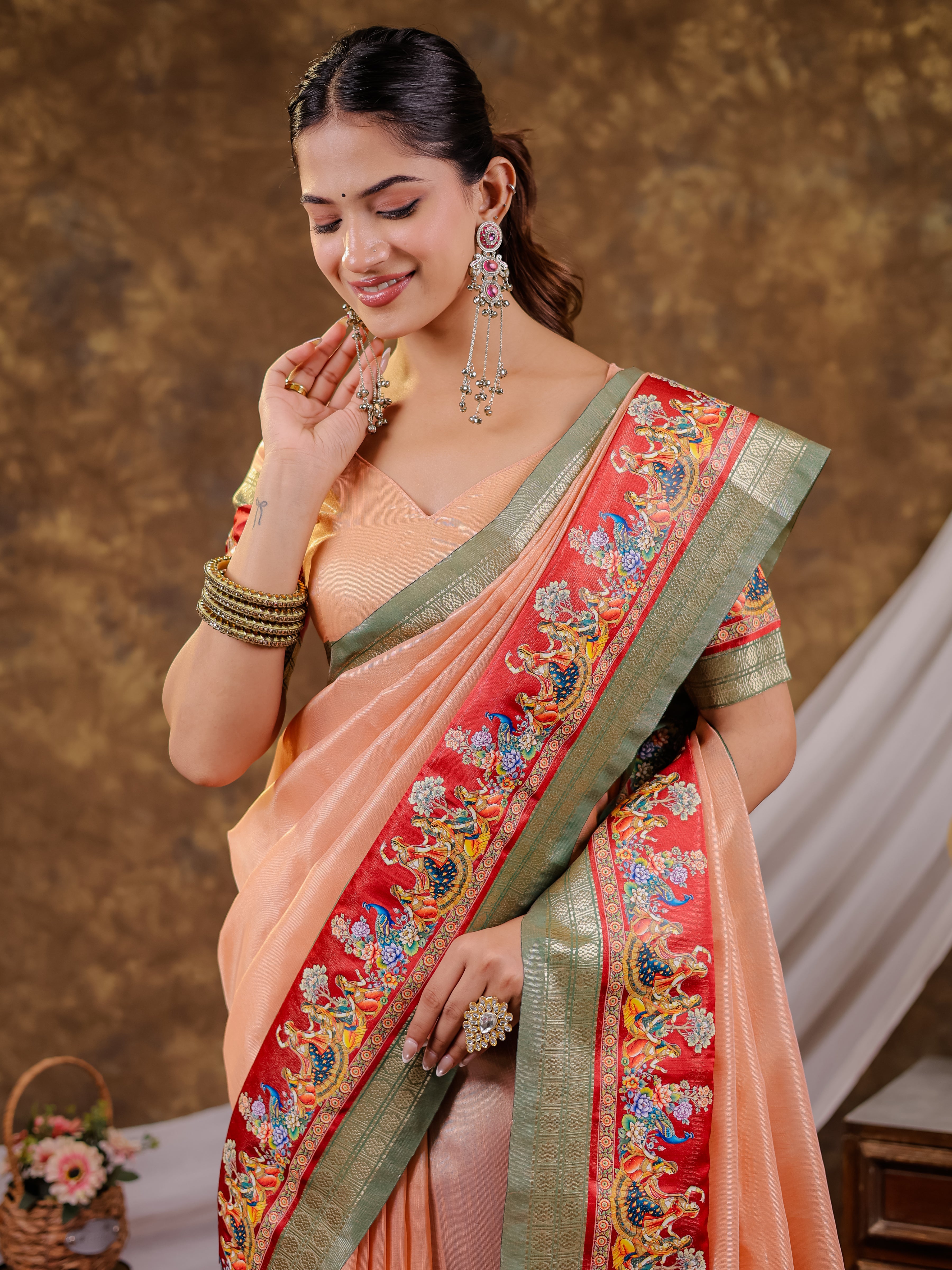 Peach Khadi Cotton Saree with Olive Green Zari Woven Border, Heritage Printed Red Pallu, Peacock Motifs & Designer Tassels
