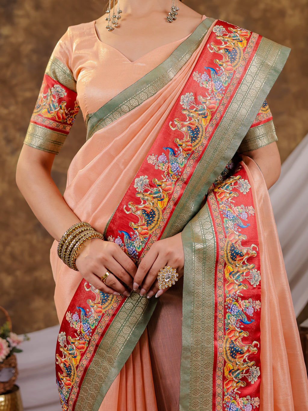 Peach Khadi Cotton Saree with Olive Green Zari Woven Border, Heritage Printed Red Pallu, Peacock Motifs & Designer Tassels