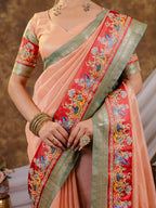 Peach Khadi Cotton Saree with Olive Green Zari Woven Border, Heritage Printed Red Pallu, Peacock Motifs & Designer Tassels