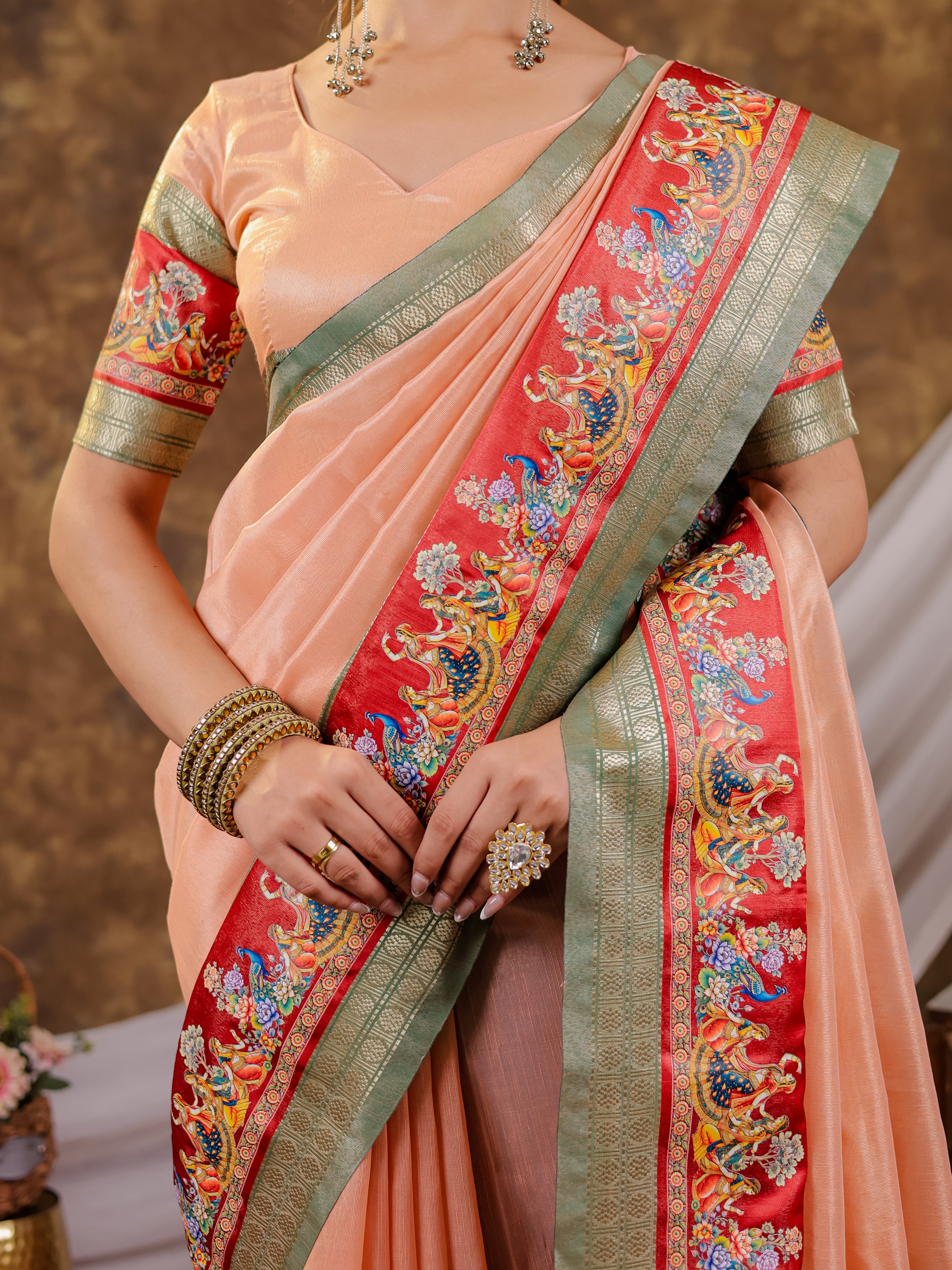Peach Khadi Cotton Saree with Olive Green Zari Woven Border, Heritage Printed Red Pallu, Peacock Motifs & Designer Tassels