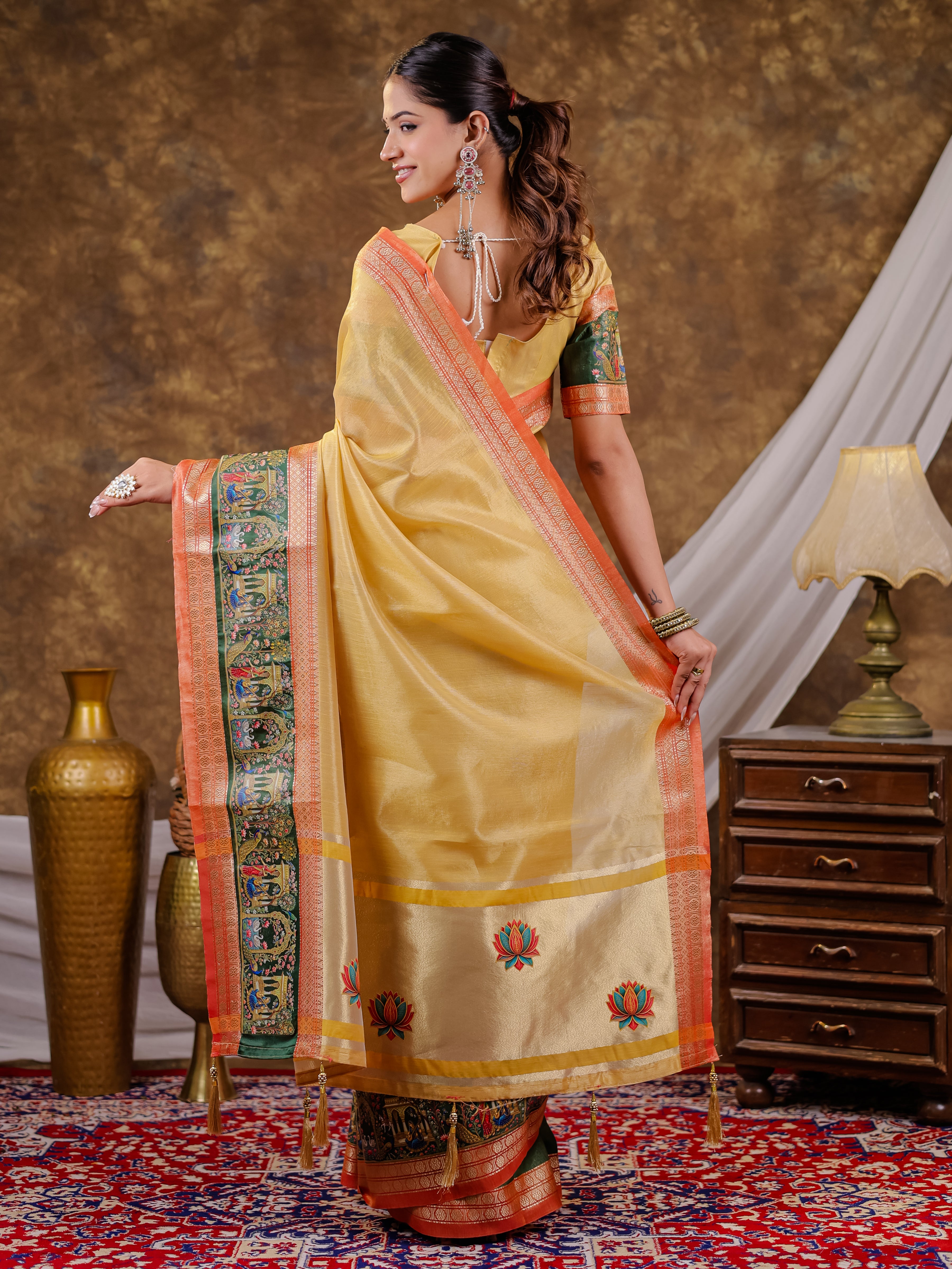 Golden Yellow Khadi Cotton Saree with Orange Zari Woven Border, Heritage Krishna Printed Pallu, Lotus Motifs & Designer Tassels