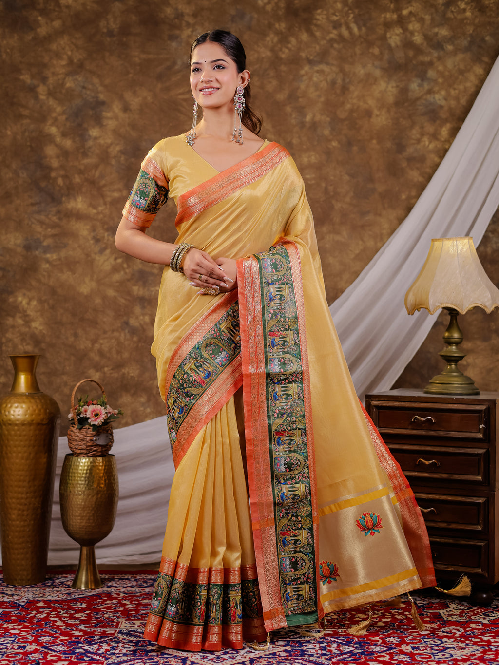 Golden Yellow Khadi Cotton Saree with Orange Zari Woven Border, Heritage Krishna Printed Pallu, Lotus Motifs & Designer Tassels