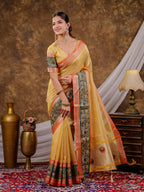 Golden Yellow Khadi Cotton Saree with Orange Zari Woven Border, Heritage Krishna Printed Pallu, Lotus Motifs & Designer Tassels