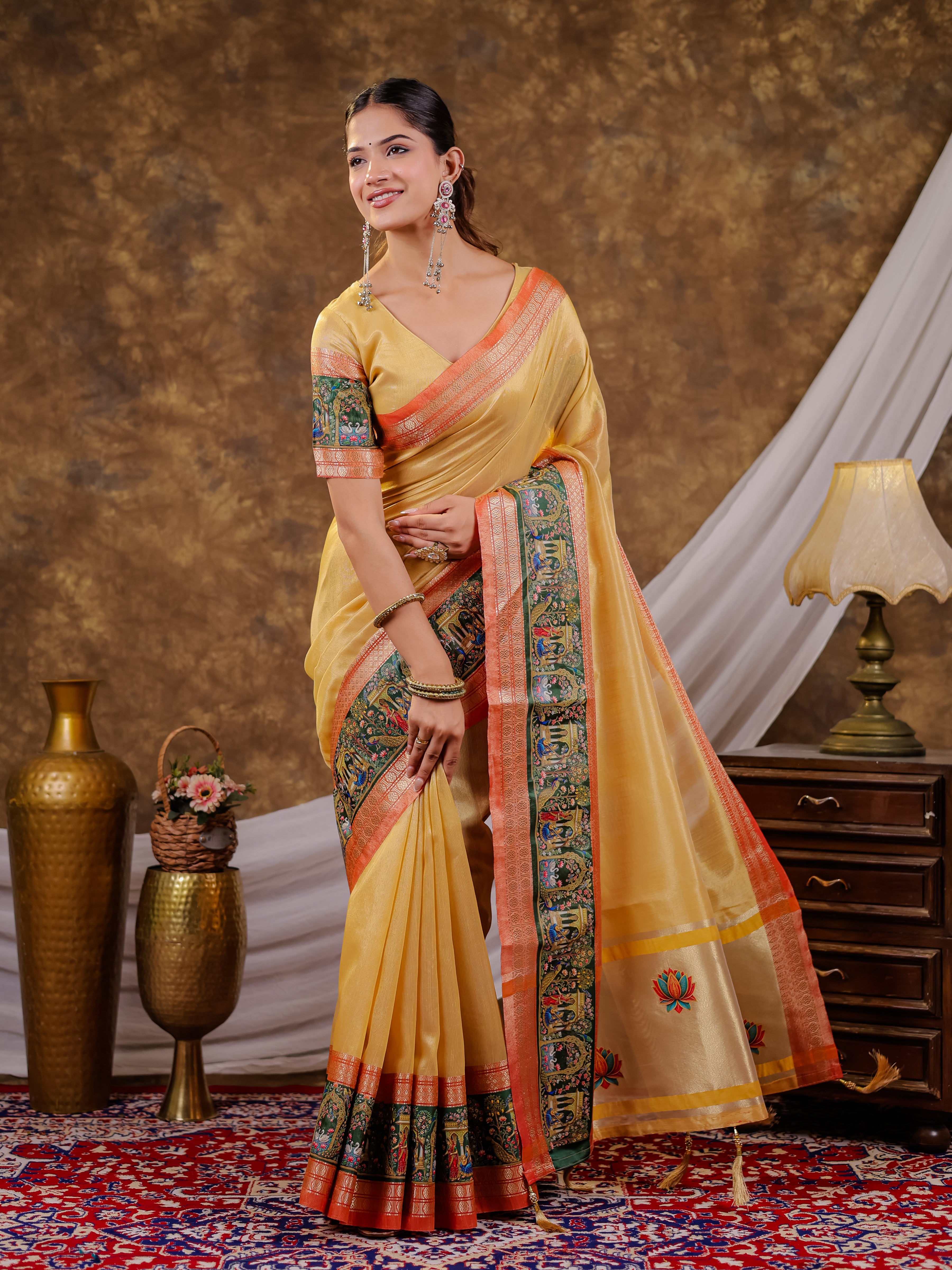 Golden Yellow Khadi Cotton Saree with Orange Zari Woven Border, Heritage Krishna Printed Pallu, Lotus Motifs & Designer Tassels