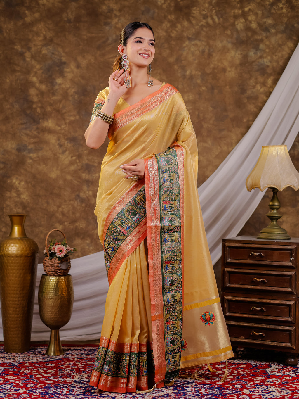 Golden Yellow Khadi Cotton Saree with Orange Zari Woven Border, Heritage Krishna Printed Pallu, Lotus Motifs & Designer Tassels