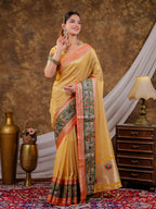 Golden Yellow Khadi Cotton Saree with Orange Zari Woven Border, Heritage Krishna Printed Pallu, Lotus Motifs & Designer Tassels