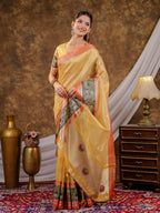 Golden Yellow Khadi Cotton Saree with Orange Zari Woven Border, Heritage Krishna Printed Pallu, Lotus Motifs & Designer Tassels