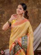 Golden Yellow Khadi Cotton Saree with Orange Zari Woven Border, Heritage Krishna Printed Pallu, Lotus Motifs & Designer Tassels