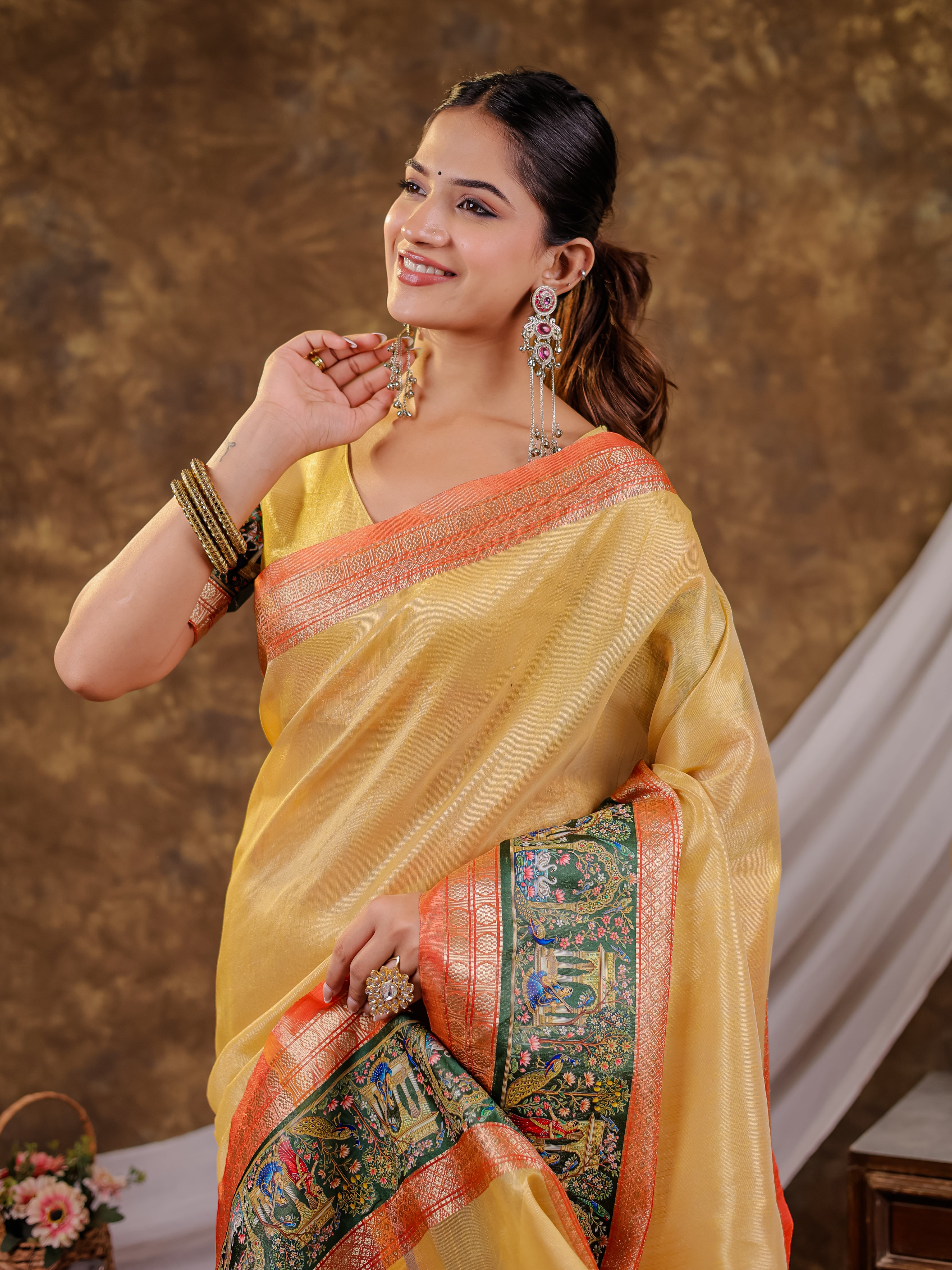 Golden Yellow Khadi Cotton Saree with Orange Zari Woven Border, Heritage Krishna Printed Pallu, Lotus Motifs & Designer Tassels