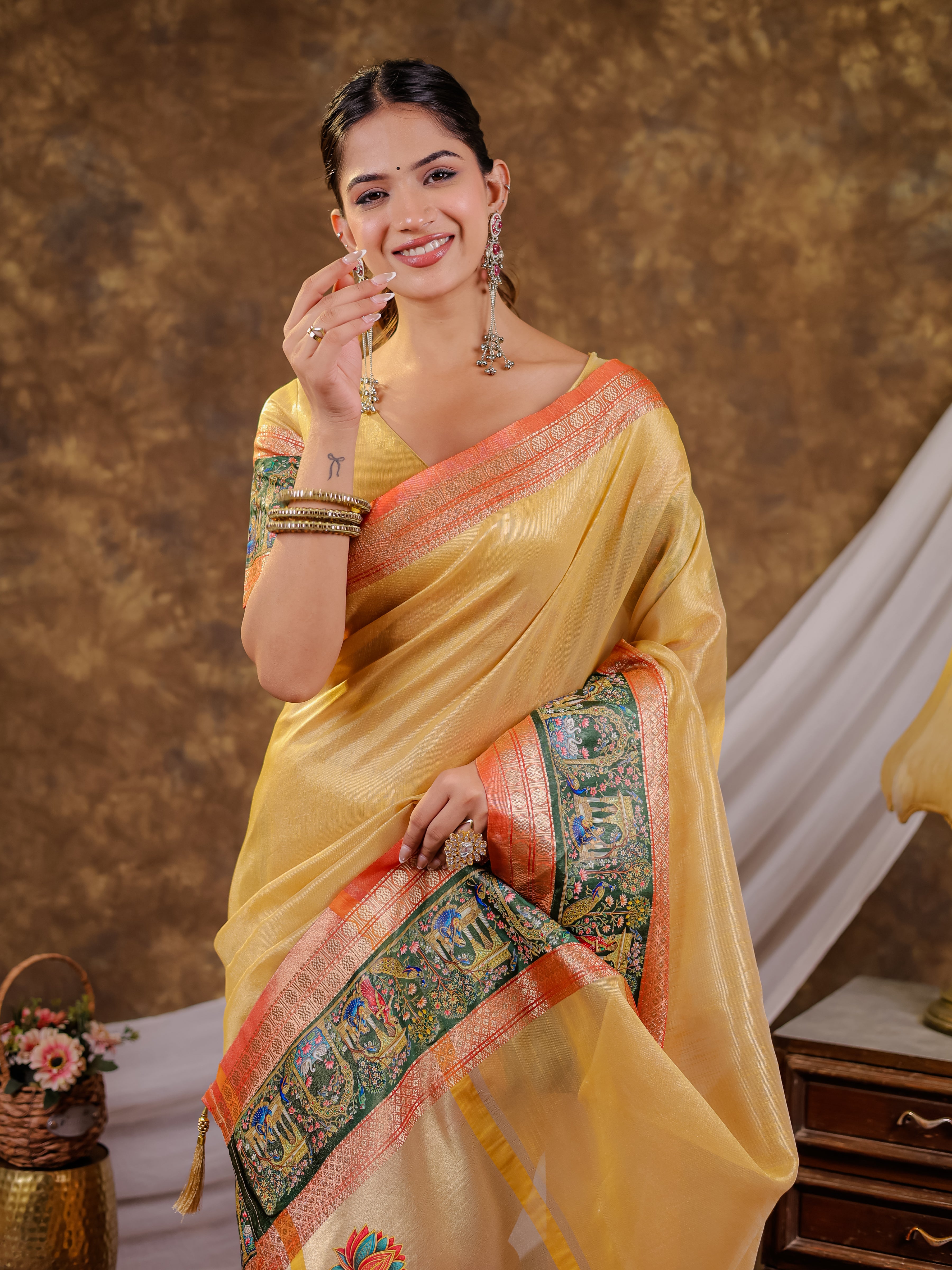 Golden Yellow Khadi Cotton Saree with Orange Zari Woven Border, Heritage Krishna Printed Pallu, Lotus Motifs & Designer Tassels
