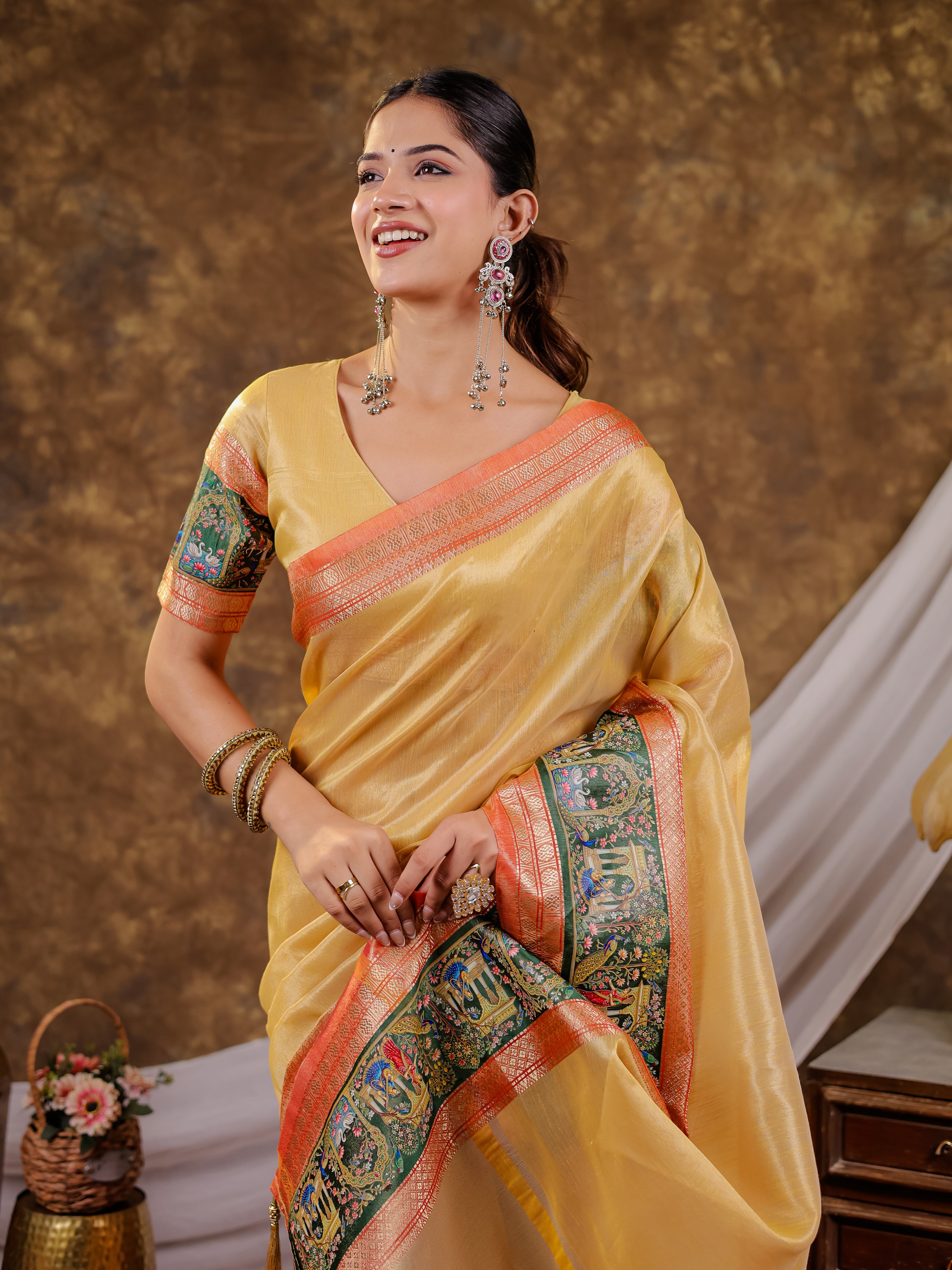 Golden Yellow Khadi Cotton Saree with Orange Zari Woven Border, Heritage Krishna Printed Pallu, Lotus Motifs & Designer Tassels