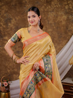 Golden Yellow Khadi Cotton Saree with Orange Zari Woven Border, Heritage Krishna Printed Pallu, Lotus Motifs & Designer Tassels
