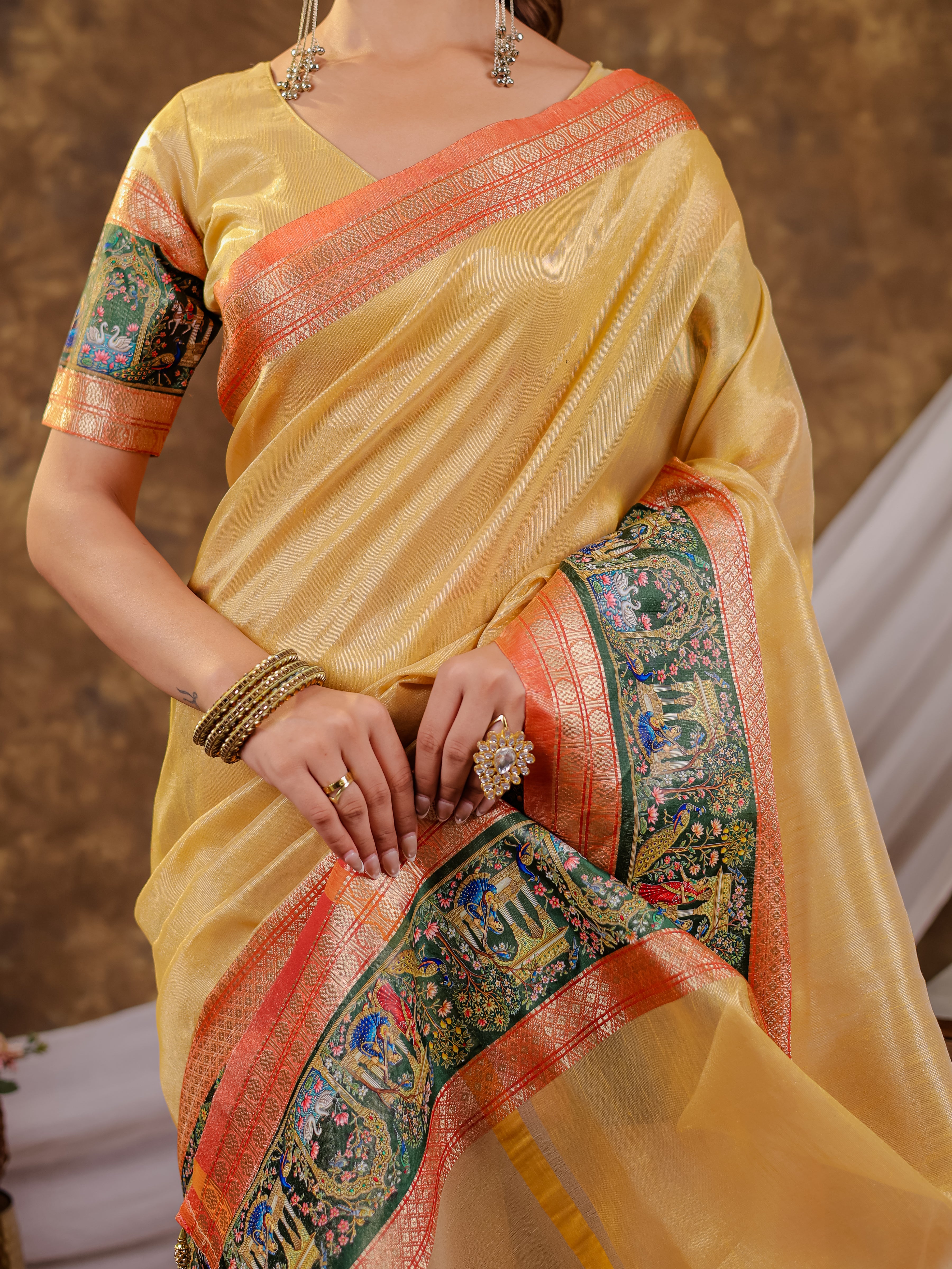 Golden Yellow Khadi Cotton Saree with Orange Zari Woven Border, Heritage Krishna Printed Pallu, Lotus Motifs & Designer Tassels