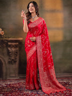 Red Nylon Viscose Pure Saree with Rich Woven Floral Butti Design, Traditional Designer Border, Grand Woven Pallu & Tassel Edges