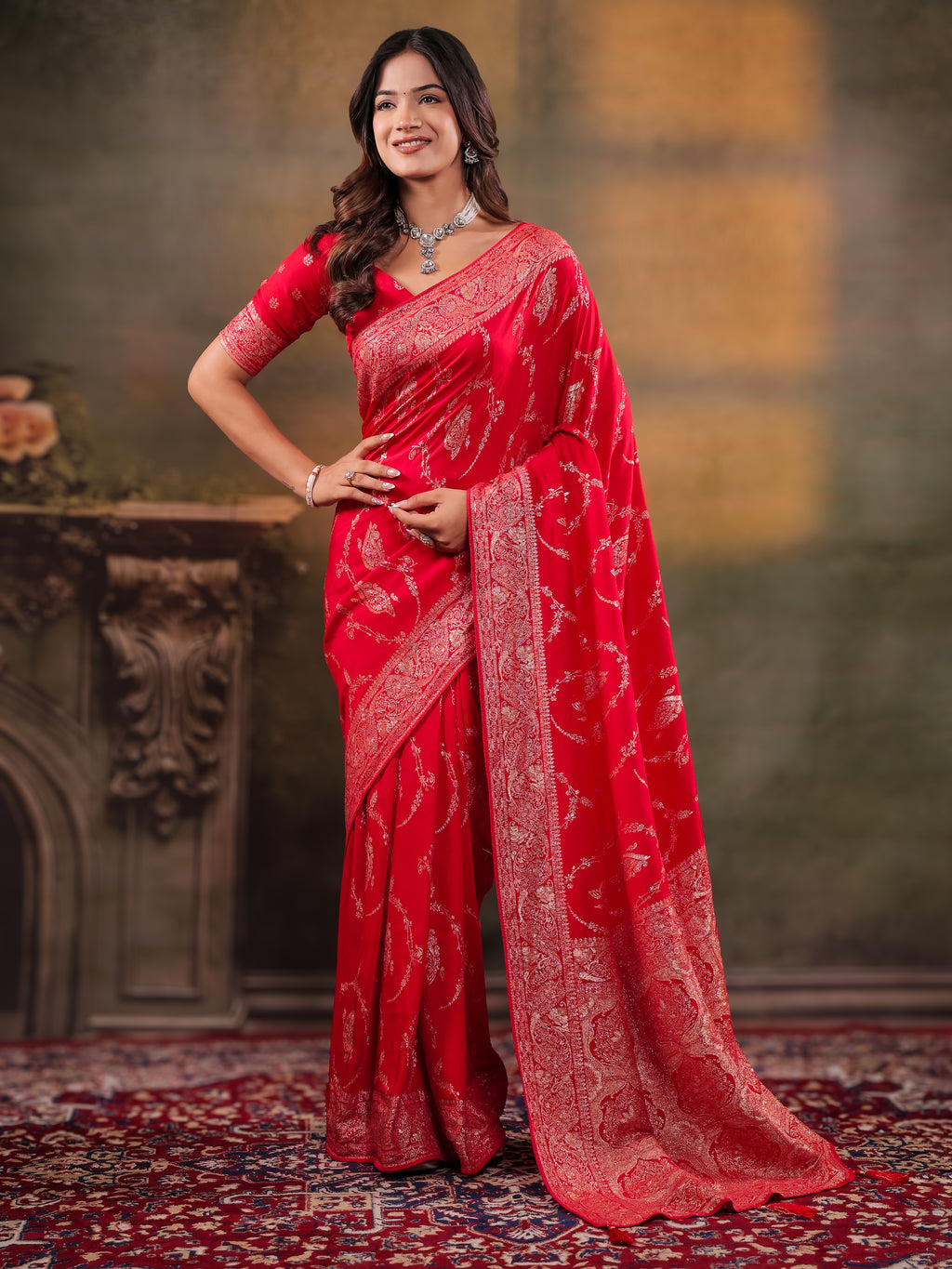 Red Nylon Viscose Pure Saree with Rich Woven Floral Butti Design, Traditional Designer Border, Grand Woven Pallu & Tassel Edges
