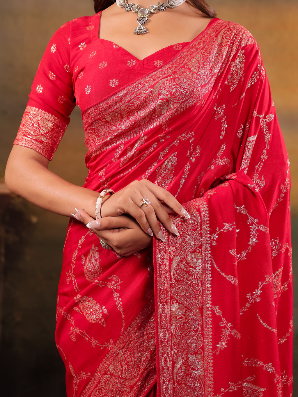 Red Nylon Viscose Pure Saree with Rich Woven Floral Butti Design, Traditional Designer Border, Grand Woven Pallu & Tassel Edges