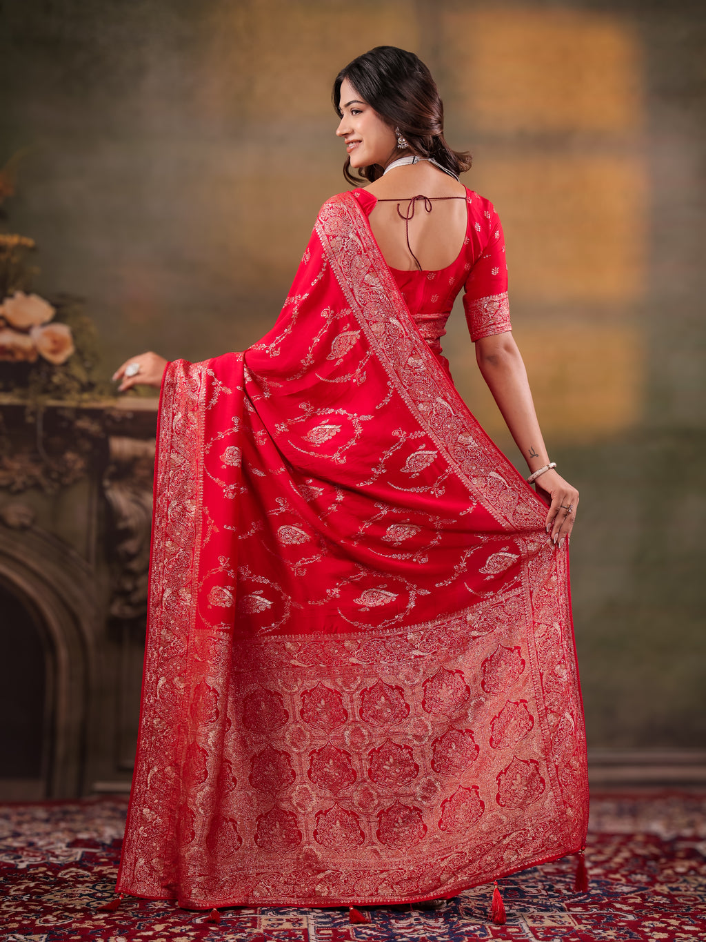 Red Nylon Viscose Pure Saree with Rich Woven Floral Butti Design, Traditional Designer Border, Grand Woven Pallu & Tassel Edges