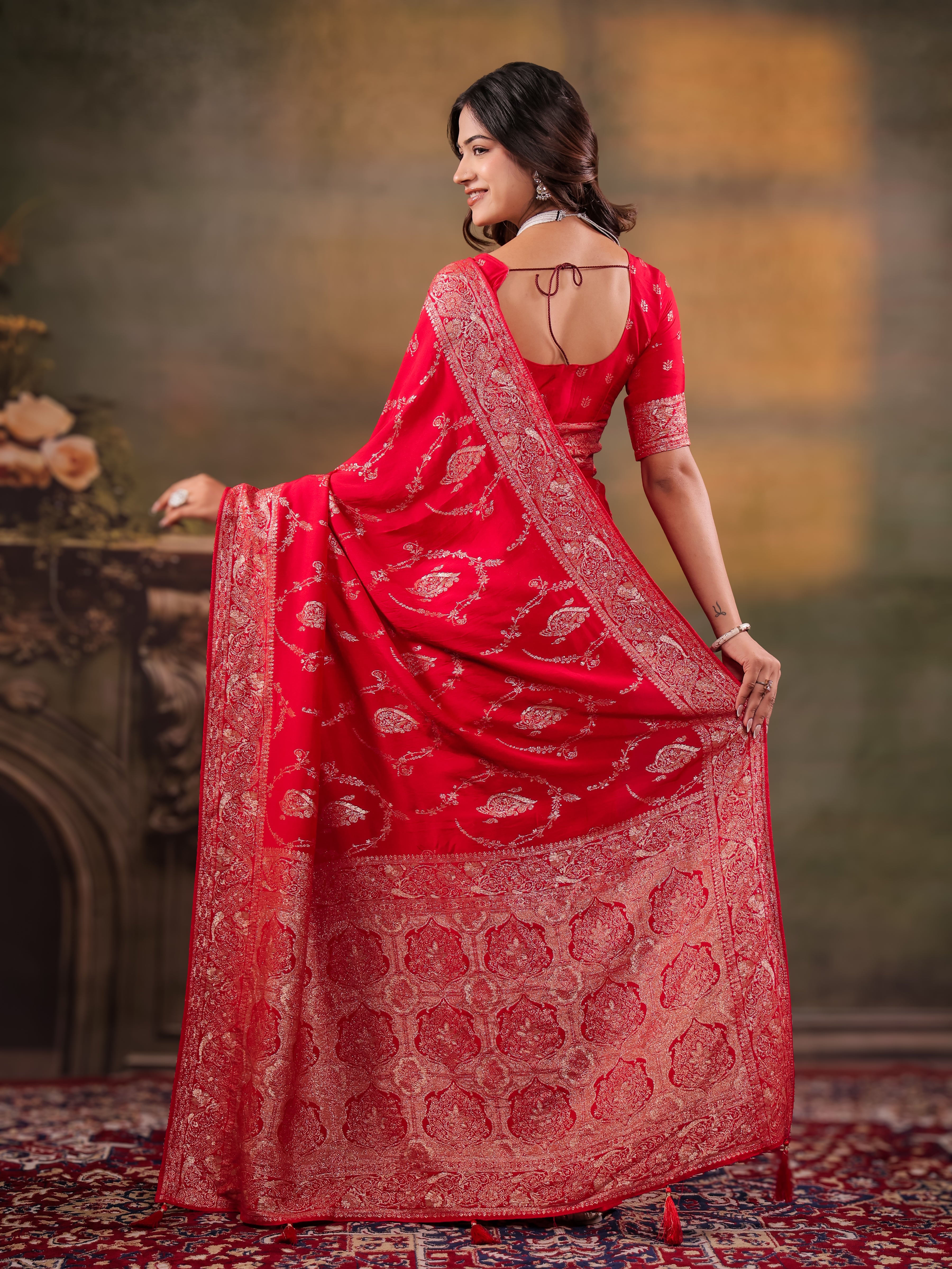 Red Nylon Viscose Pure Saree with Rich Woven Floral Butti Design, Traditional Designer Border, Grand Woven Pallu & Tassel Edges