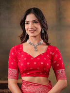 Red Nylon Viscose Pure Saree with Rich Woven Floral Butti Design, Traditional Designer Border, Grand Woven Pallu & Tassel Edges