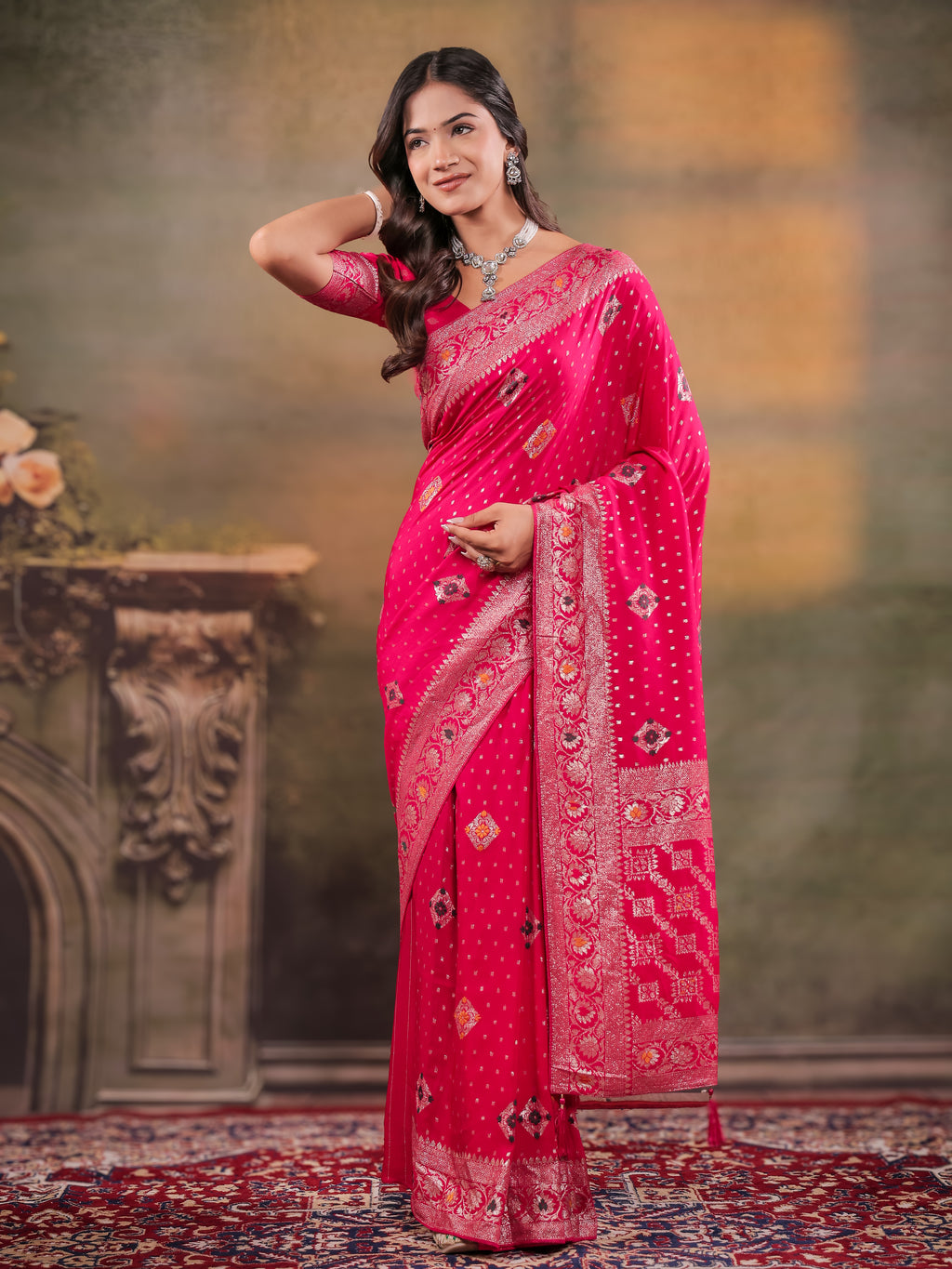 Rani Pink Nylon Viscose Pure Saree with Floral Woven Border, Traditional Butti Design, Designer Pallu & Tassel Edges