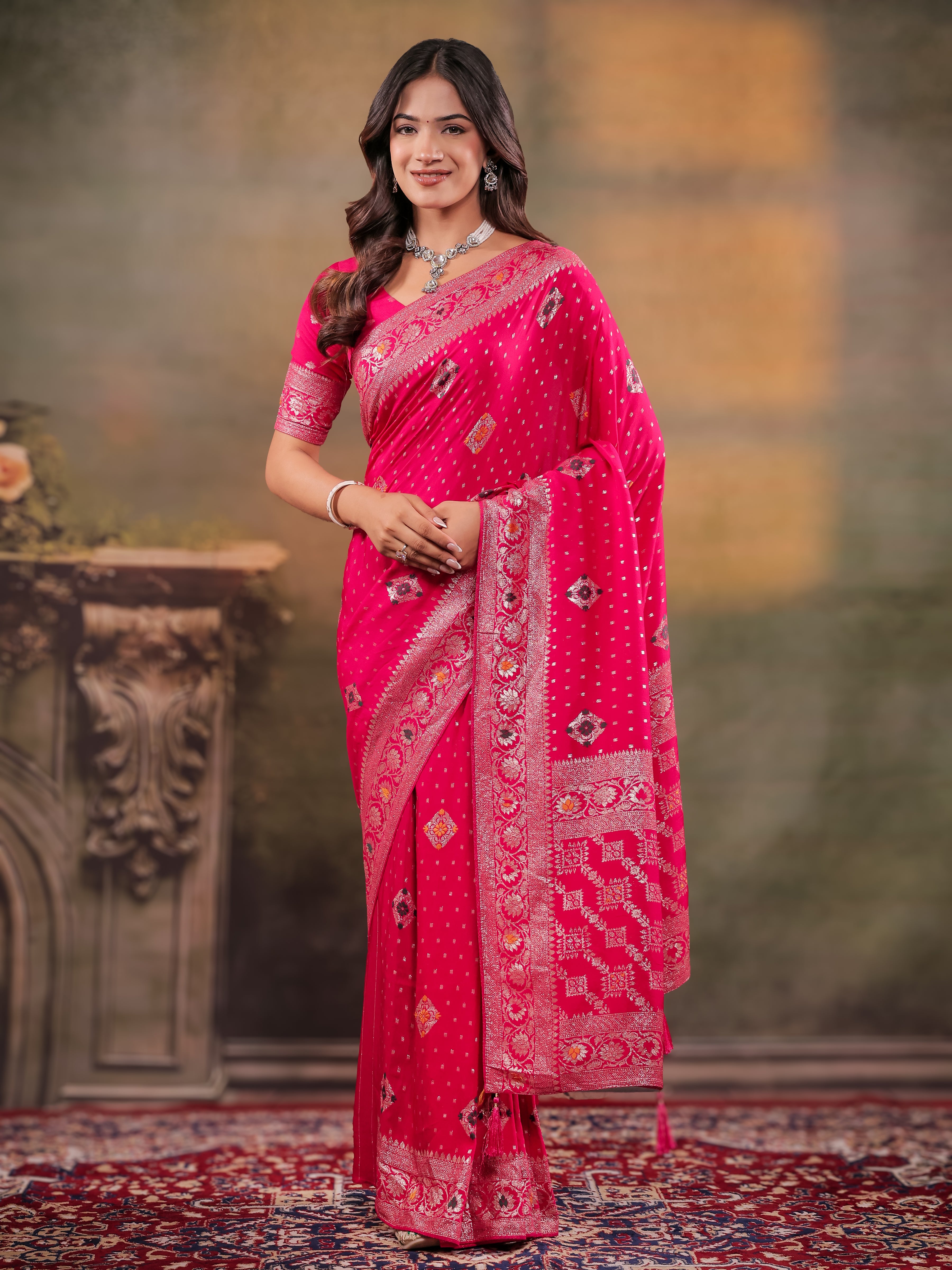 Rani Pink Nylon Viscose Pure Saree with Floral Woven Border, Traditional Butti Design, Designer Pallu & Tassel Edges