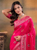 Rani Pink Nylon Viscose Pure Saree with Floral Woven Border, Traditional Butti Design, Designer Pallu & Tassel Edges