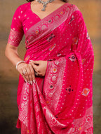 Rani Pink Nylon Viscose Pure Saree with Floral Woven Border, Traditional Butti Design, Designer Pallu & Tassel Edges