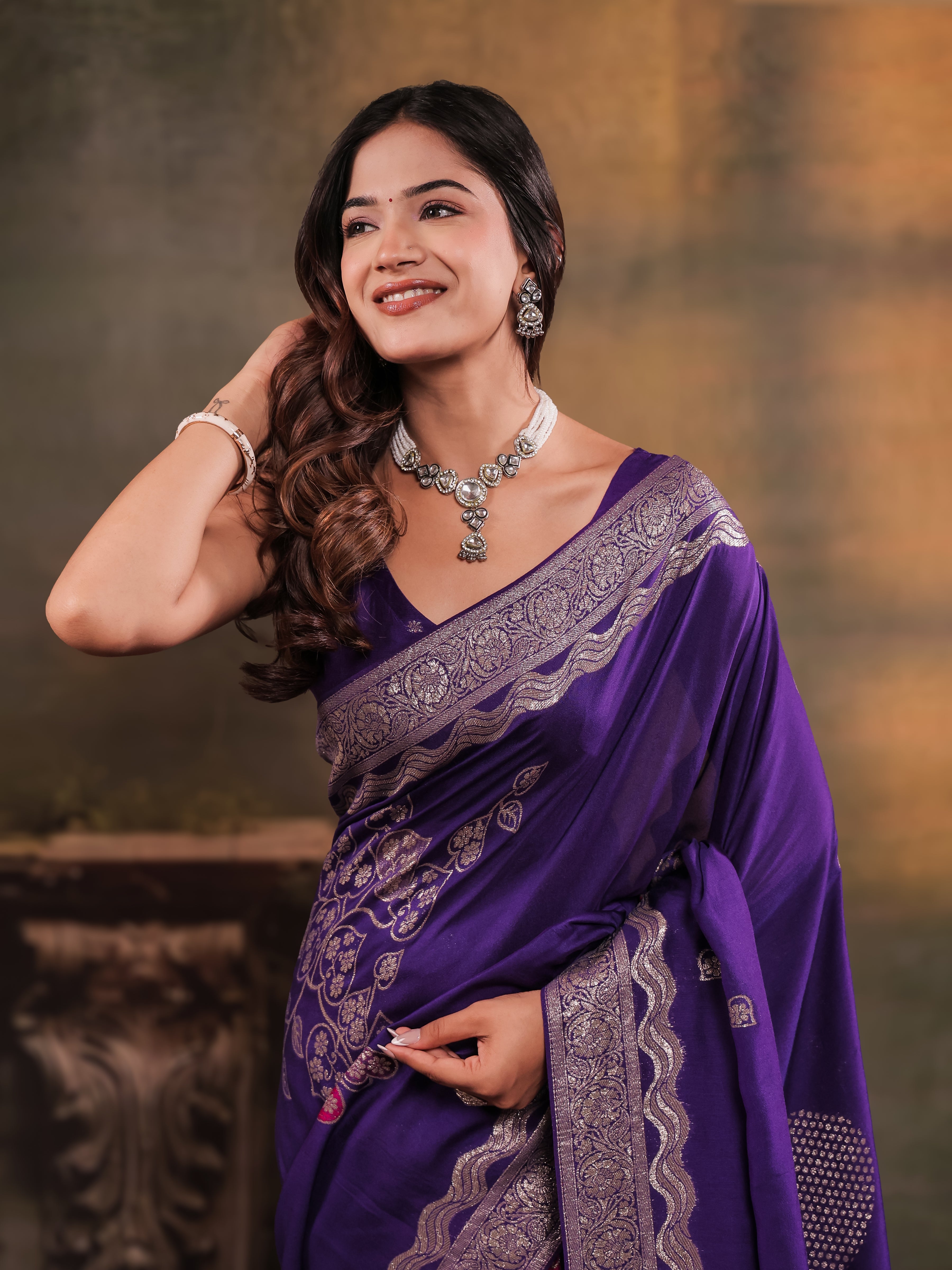 Royal Purple Nylon Viscose Pure Saree with Floral Woven Border, Artistic Floral Design, Designer Pallu & Tassel Edges