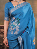 Sky Blue Nylon Viscose Pure Saree with Silver Woven Border, Floral Designer Motifs, Elegant Pallu & Tassel Edges