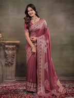 Dusty Rose Nylon Viscose Pure Saree with Silver Woven Border, Floral Botanical Design, Elegant Designer Pallu & Tassel Edges
