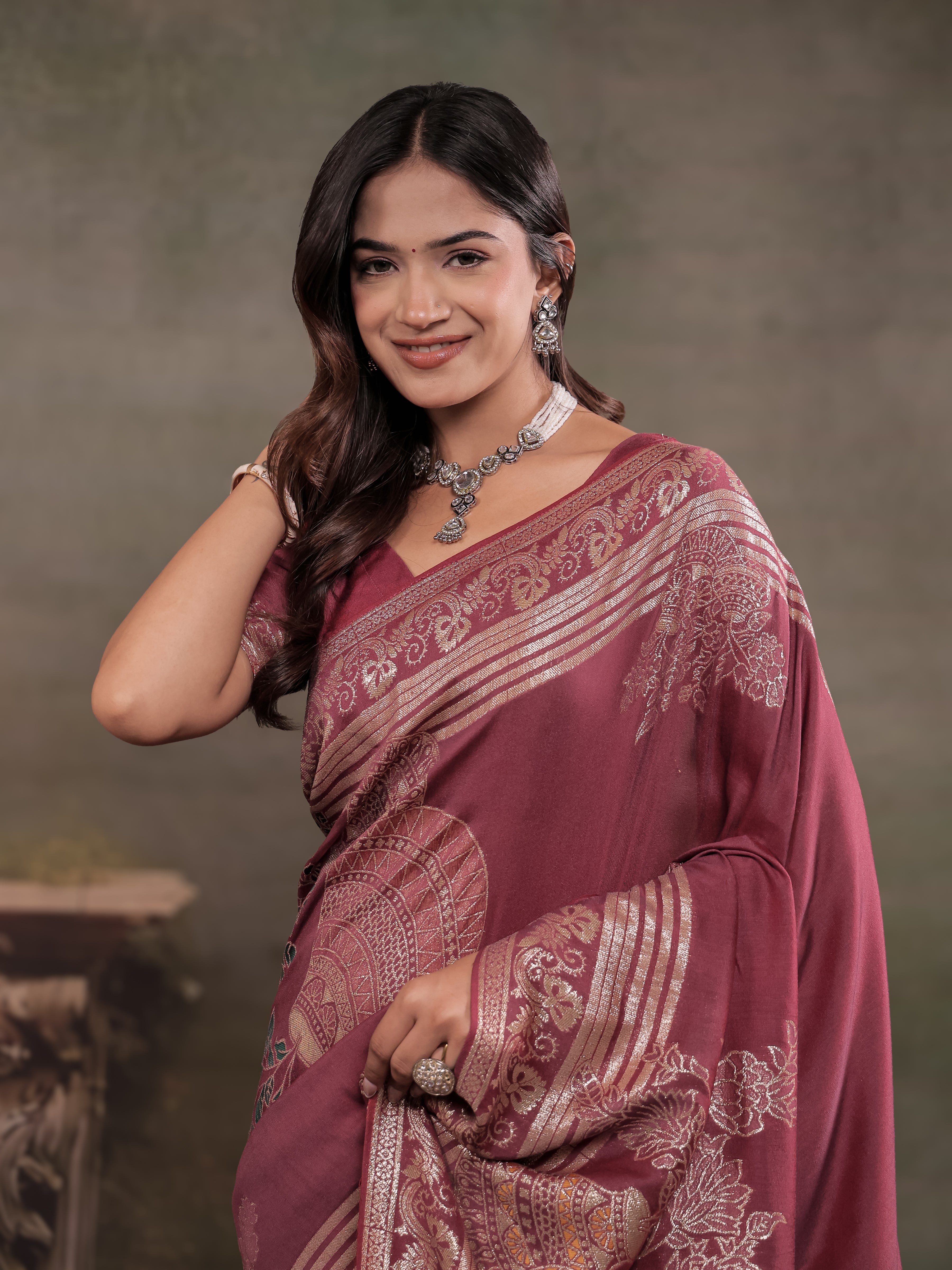 Dusty Rose Nylon Viscose Pure Saree with Silver Woven Border, Floral Botanical Design, Elegant Designer Pallu & Tassel Edges
