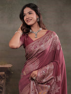Dusty Rose Nylon Viscose Pure Saree with Silver Woven Border, Floral Botanical Design, Elegant Designer Pallu & Tassel Edges