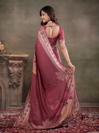 Dusty Rose Nylon Viscose Pure Saree with Silver Woven Border, Floral Botanical Design, Elegant Designer Pallu & Tassel Edges